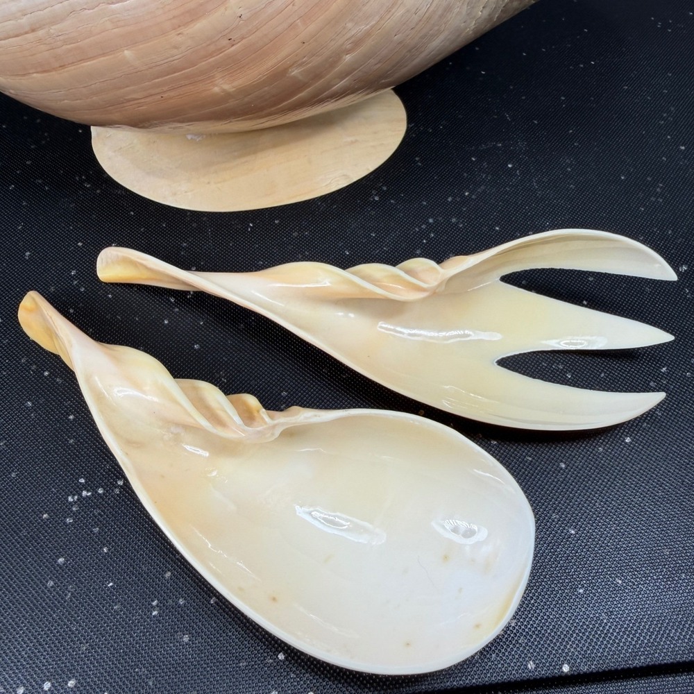 Vintage Hand Carved Conch Shell Bowl Set 9 Dishes Servers Coastal w Utensils - Picture 6 of 16